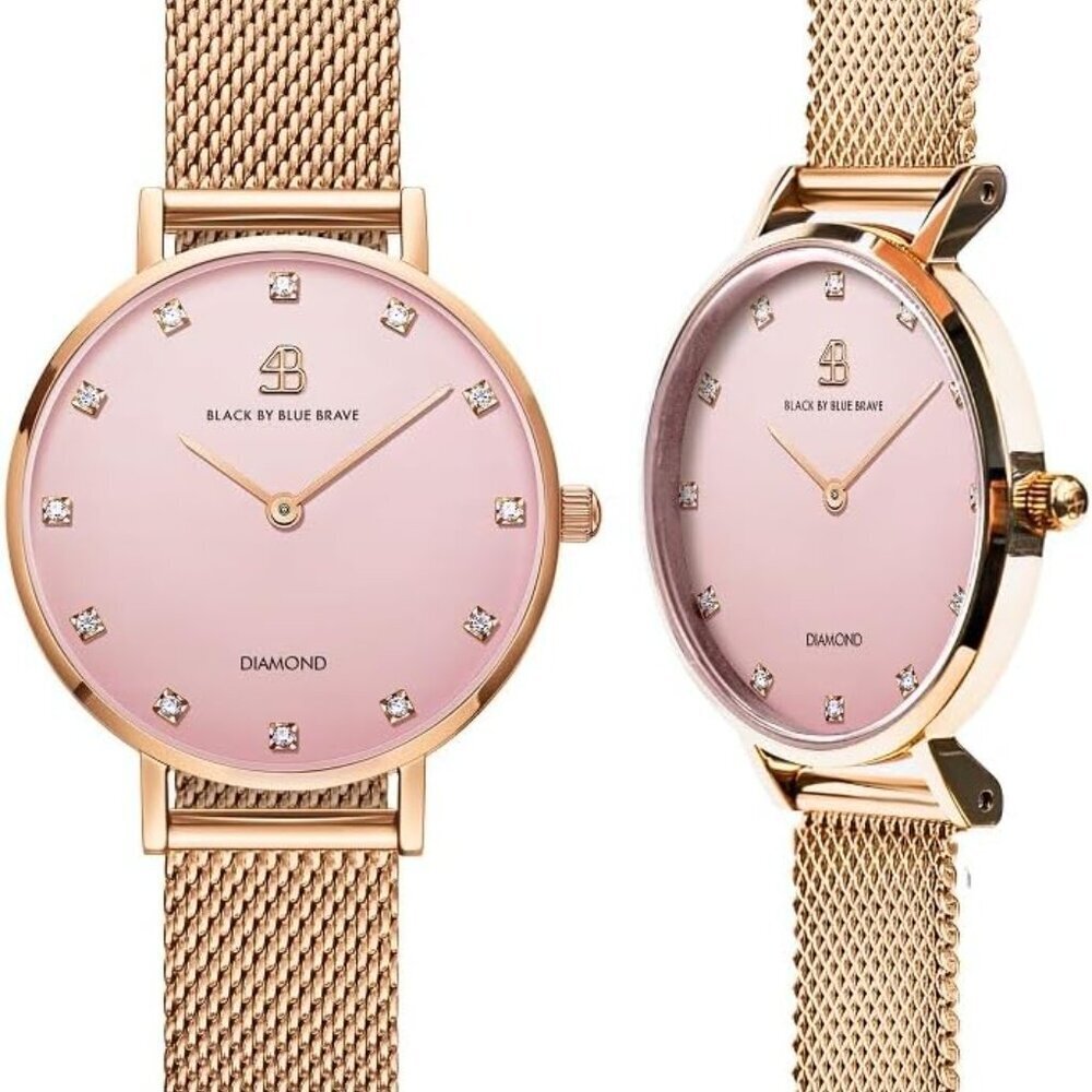 Womens Green Watch 28mm Sunray Dial Rose Gold Mesh Band Diamond Markers